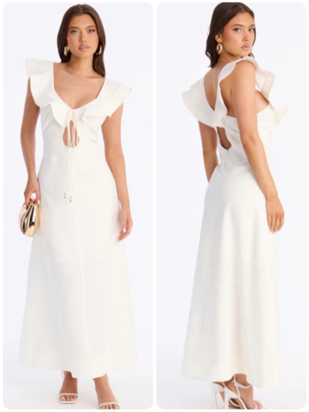 Fashion Nova Maribelle Ivory Ruffle Cut Out Linen Blend Maxi Dress XSmall XS